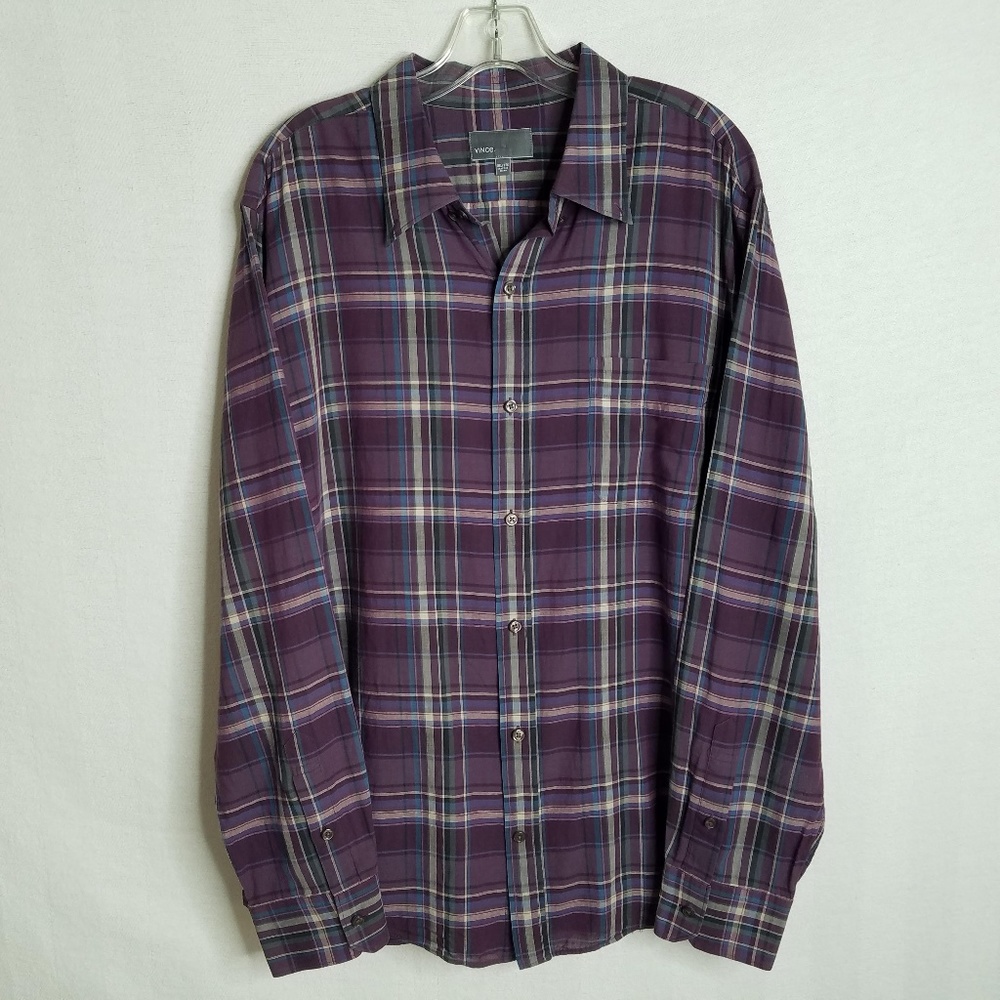 Vince Purple Plaid Button Front Shirt Mens 2XL